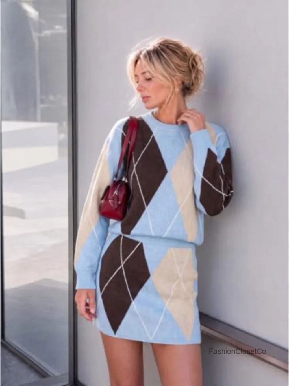 Women's Argyle Knit 2 Piece Skirt Set Long Sleeve Sweater & Mini Skirt
